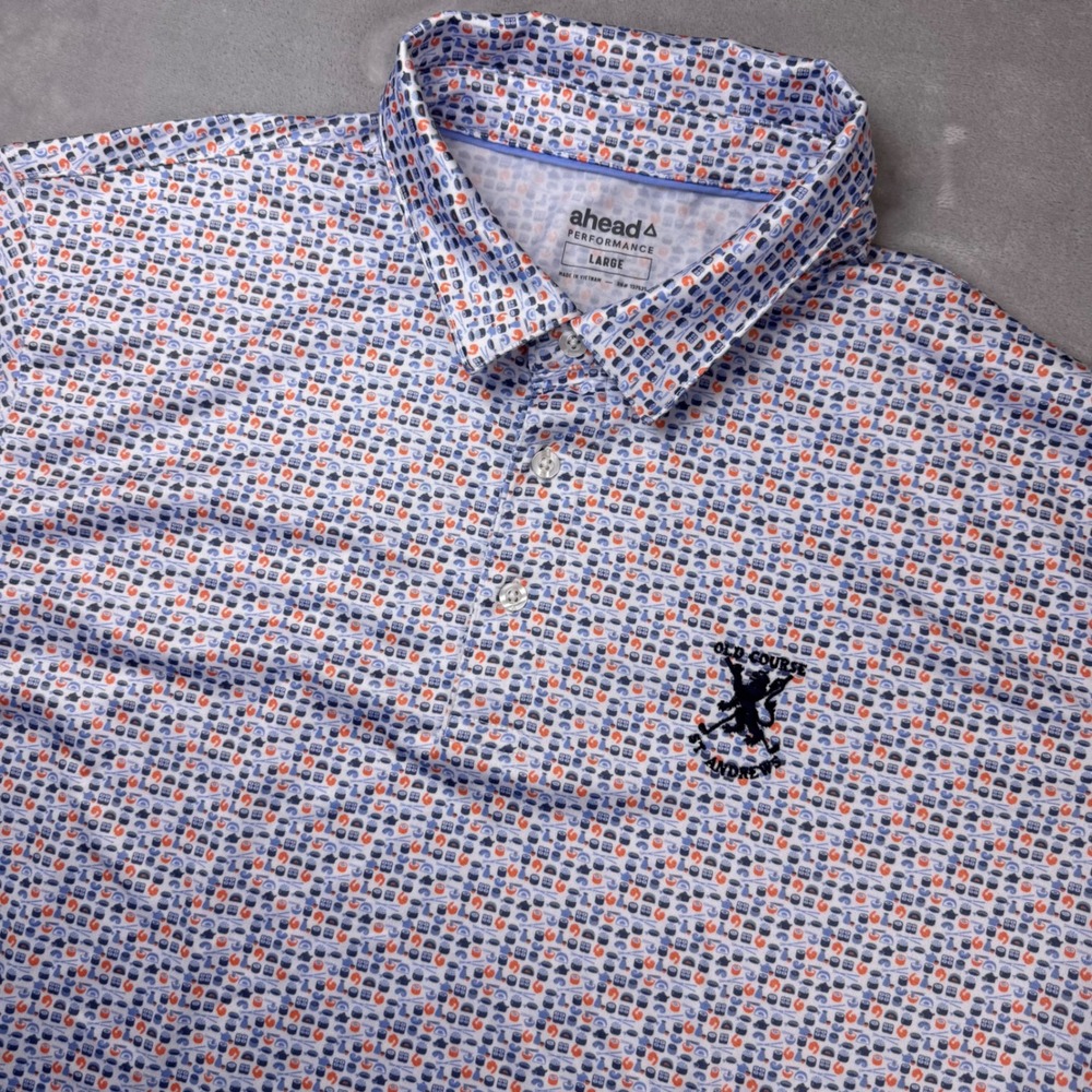 Ahead Performance Polo Shirt Mens Large Sushi Print Old Course St Andrews White